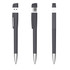 A USB pen in black with a soft grip, featuring a retractable design and a silver clip.