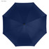A navy blue golf umbrella featuring a circular design and a central opening mechanism. It has a branding logo on the handle.