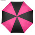 A golf umbrella in hot pink and black, featuring a modern design and a logo on the handle.