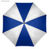 A golf umbrella featuring a white and royal blue design with eight segments and a central wooden handle.