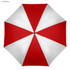 A red and white golf umbrella featuring an octagonal design and a central silver button.