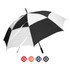 A black and white golf umbrella with a curved handle and a logo, featuring four colour options below.