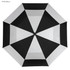 A black and white golf umbrella with a geometric design and a central handle, featuring a logo.