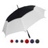 A black and white umbrella with a curved handle, featuring multiple colour options below it, including red and navy.