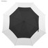 A black and white umbrella with an open canopy, featuring a central hub and a strap. It has a branded logo.