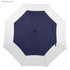 A navy blue and white umbrella with an eight-panel design, featuring a centre handle and a branding logo.