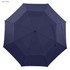 A navy blue umbrella featuring an octagonal design and a central black hub. It has a solid fabric covering and no visible branding.