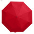 A red umbrella featuring eight segments and a central button. It has a simple design and a logo on the fabric.