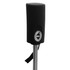 A black and silver handle of an umbrella, featuring a button mechanism and a strap for easy carrying.