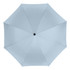 A silver umbrella with a rounded canopy and a central button. Features eight panels and a branding logo.