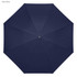 A navy blue inverted umbrella with an octagonal shape and a central button. It features a branding logo.
