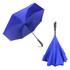 A blue inverted umbrella with a sturdy handle, featuring a unique design and logo.