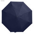 A navy blue umbrella with a central button and a lightweight design. It features a branding logo.