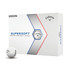 A box of Callaway Supersoft golf balls in white, featuring a logo and geometric design elements in blue and red.