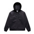 A black hooded bomber jacket with a quilted lining and ribbed cuffs, featuring side pockets and a front zipper.
