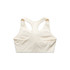 A white sports crop top with a racerback design and a logo on the back.
