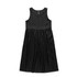A sleeveless black linen dress with a gathered lower section and a back zip closure. It has a simple, elegant design.