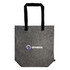 A grey tote bag with black handles and a logo on the front. Ideal for carrying various items.
