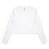 A white long-sleeve crop t-shirt with a simple design, featuring a logo.