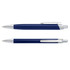 A metal pen set in navy blue with silver accents, featuring a clip and smooth writing tip.