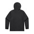 A black windbreaker jacket with a hood and elastic cuffs, featuring a plain design and a logo.