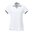 A women's short sleeve performance polo in white with grey accents and a v-neck design, featuring a logo.