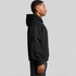 A black hoodie with a kangaroo pocket, shown from the side, featuring a hood and a relaxed fit.