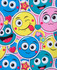 A vibrant patterned fabric featuring colourful smiley faces in blue, yellow, and pink, along with stars and hearts.