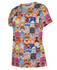 A colourful scrub top featuring a playful animal print in orange, blue, and red tones. It has a logo on it.