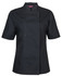 A black ladies short sleeve chefs jacket featuring snap buttons and a collar. Includes a logo on the garment.