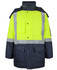 A lime and navy freezer jacket featuring reflective strips and a hood, with a logo on the sleeve.