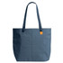A blue tote bag with two handles and a small logo tag on the side.