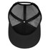 A black trucker cap featuring a curved visor and mesh back, with a logo inside.