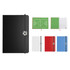 A notebook in black, white, red, and blue, featuring a soccer-themed interior and a logo on the cover.