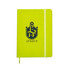 A vibrant yellow A5 PU notebook with a logo on the cover and an integrated elastic band closure.