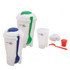 A drink bottle set featuring white containers with green and blue lids and forks, alongside a clear cup and red container.