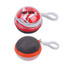 A round red and black case containing white earbuds, featuring a loop for attachment and a branded logo on top.