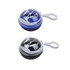 Earbuds in a circular case with a clear lid, featuring a blue and black design and a logo.