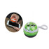 Earbuds in a vibrant green and orange case that doubles as a screen cleaner, with a loop for attachment.
