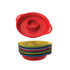 A stack of colourful plates in various shades, featuring a red plate on top with a central dip section. The set includes a logo.
