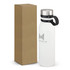 A drink bottle in white with a stainless steel lid, packaged in a brown cardboard box. The bottle features a logo.