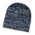 A knitted beanie in navy blue with a heathered texture. It features a logo on the side.