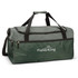 A green duffle bag with a zippered top and sturdy handles, featuring a logo on the front.