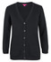 A black cardigan with a V-neck, button front, and two front pockets. It features a brand logo on the inner label.