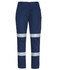 Navy cargo pants featuring reflective D+N tape, multiple pockets, and a button closure. Includes branding.