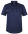 A navy short-sleeve work shirt featuring a close front design and two chest pockets. It has a logo on one pocket.