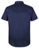 A navy blue short-sleeved work shirt with a close front, featuring a smooth back design and a logo.