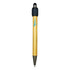 A bamboo stylus pen with a black tip and accents, featuring a logos and a sleek design for writing.
