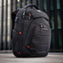 A black Swissdigital Neptune Backpack featuring multiple pockets and zippers, with accents in red and a logo.