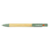 A bamboo pen with a green top and clip, featuring a logo.